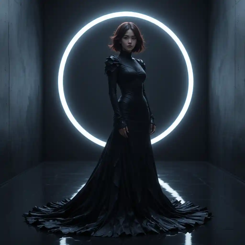 Korean woman in black sheath gown on reflective dark studio