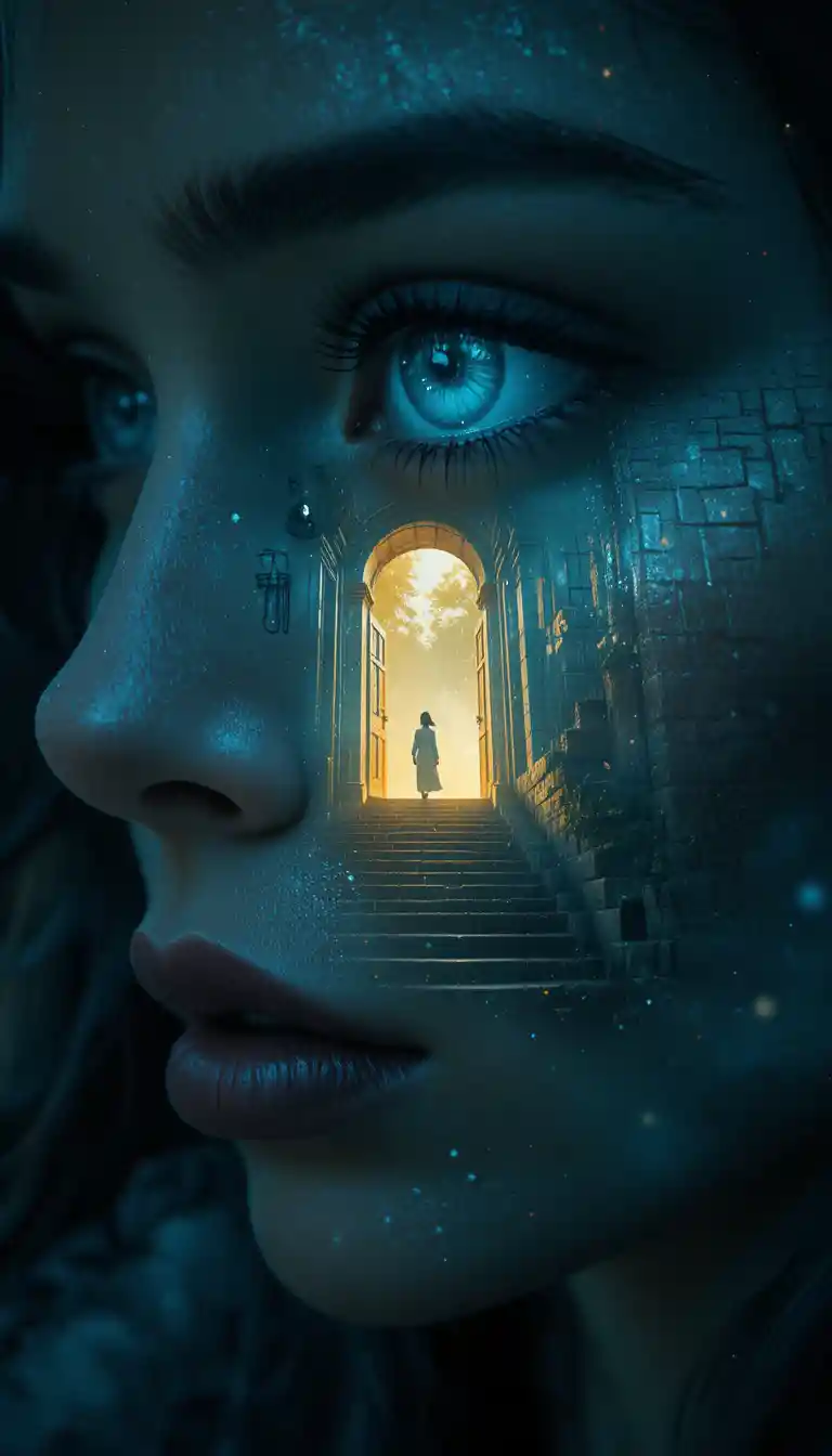 Close up woman with glowing eyes and crystal tear