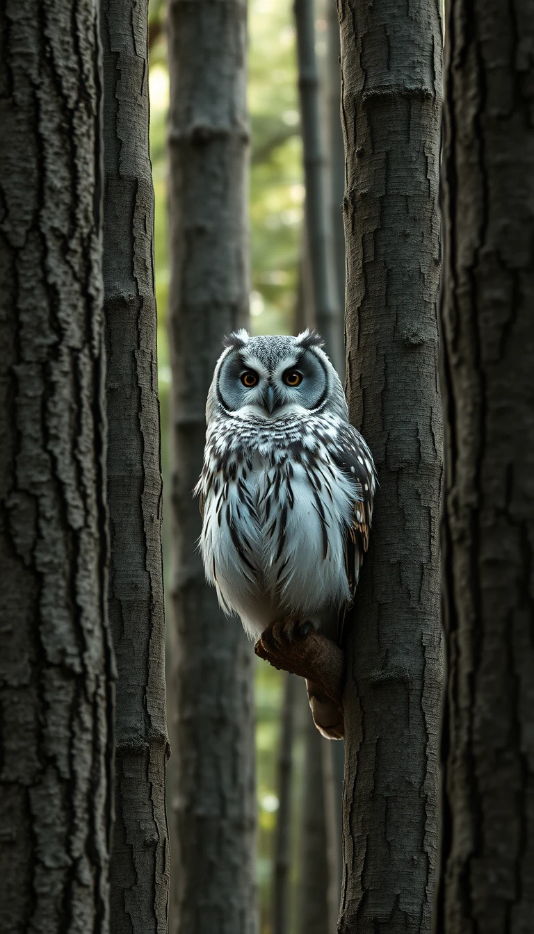 Camouflaged gray owl blending into textured forest tree bark
