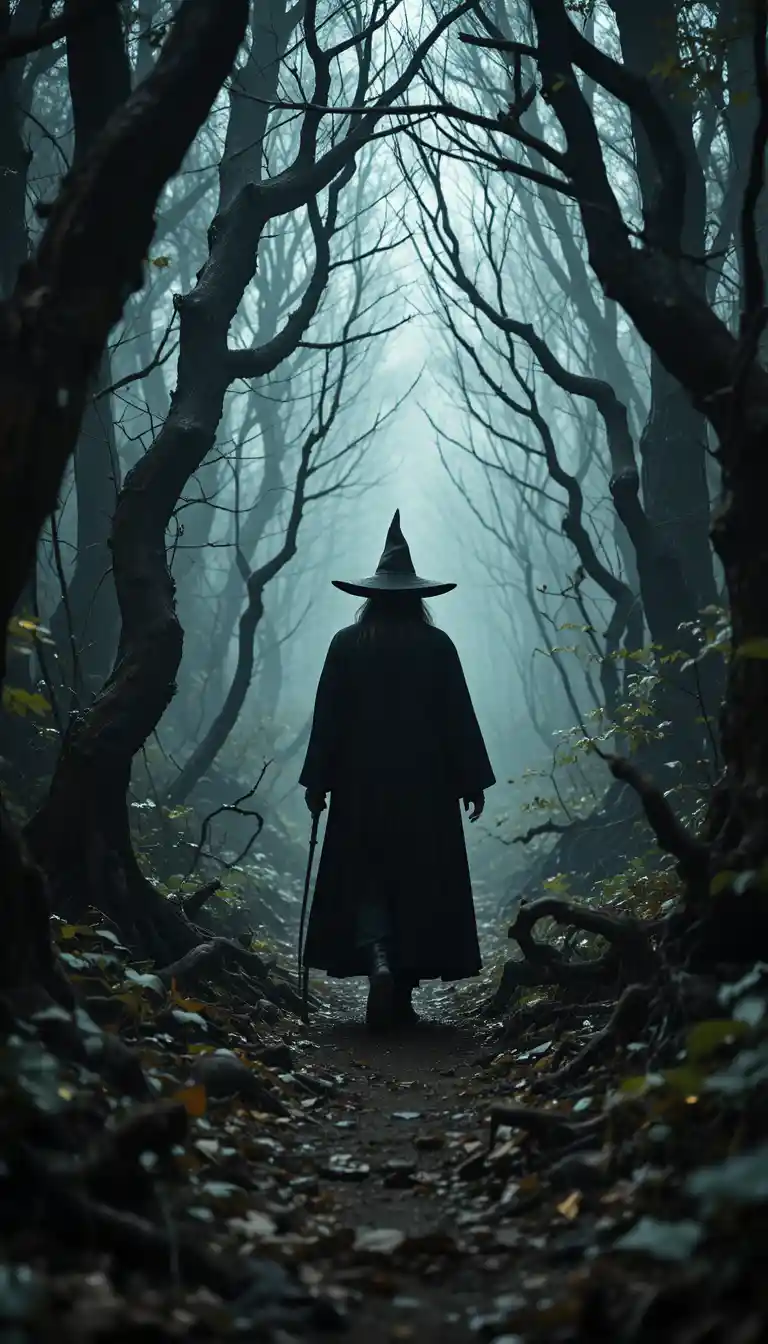 Lone Wizard Walking Through A Dark Misty Forest