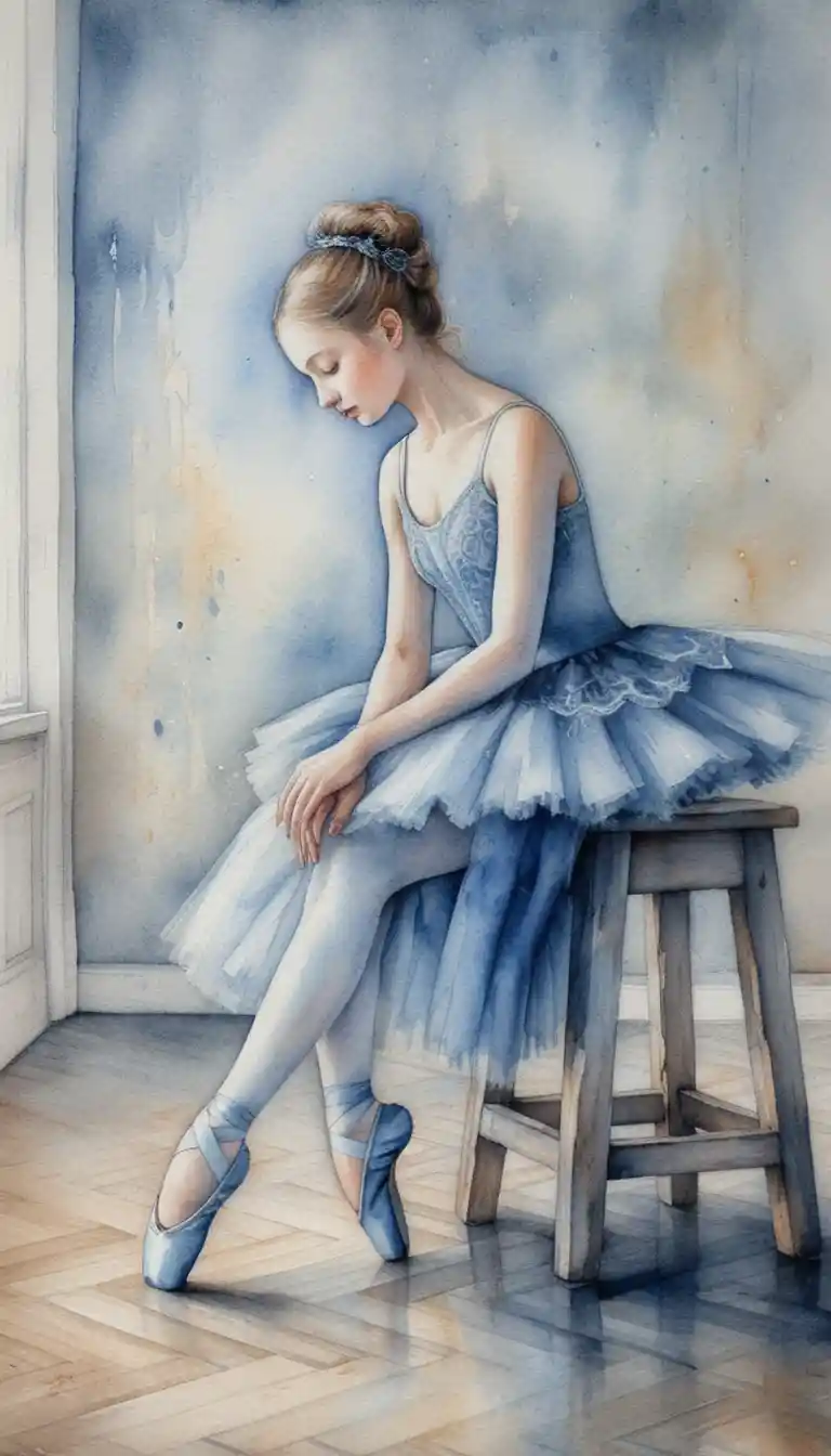 Ballerina seated on a wooden stool in teal interior