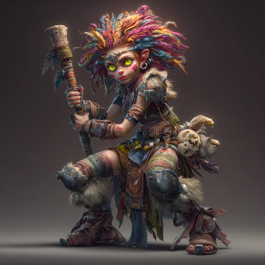 Chaotic gnome barbarian girl with glowing eyes and club