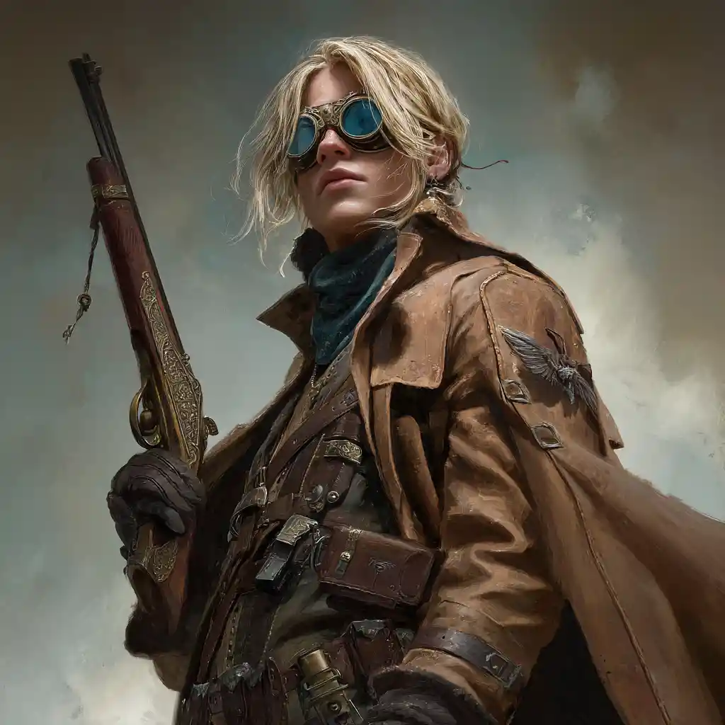 Blonde fantasy artificer woman with flintlock and goggles