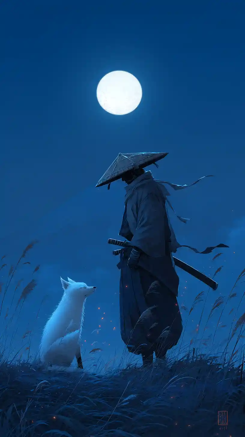 Lone ronin with white fox under a moonlit mountain sky