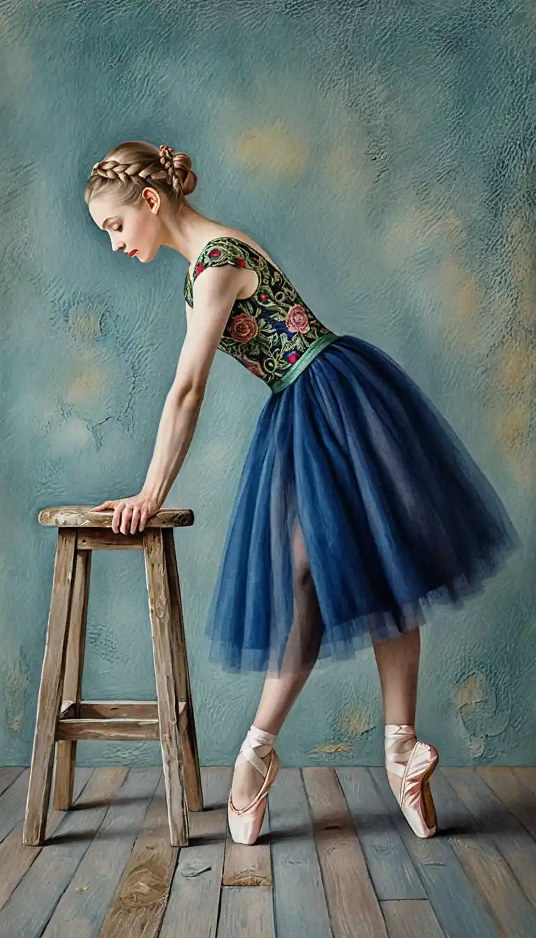 Seated ballerina in blue tutu on rustic wooden stool