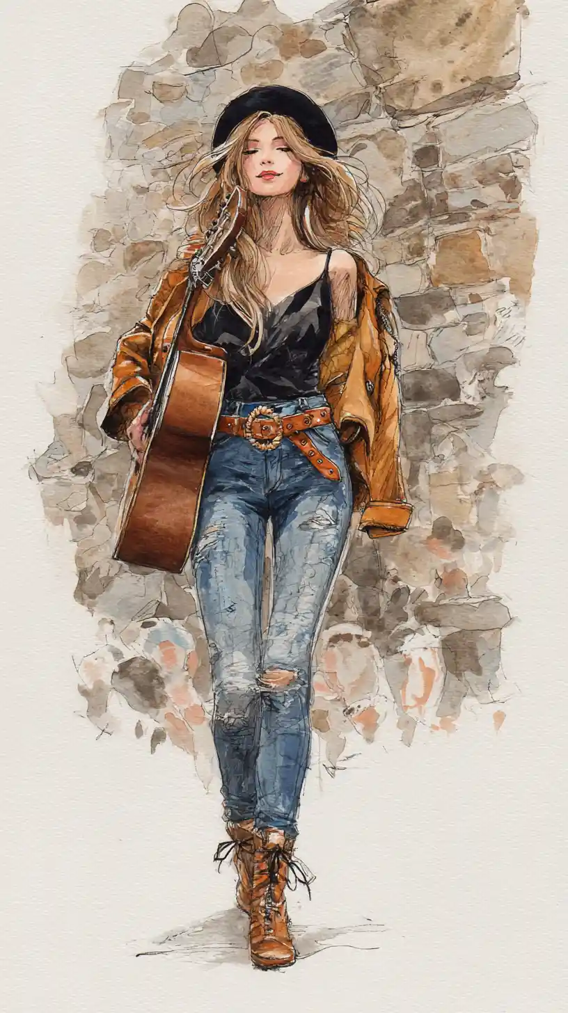 Young woman walking with guitar in a bohemian street scene