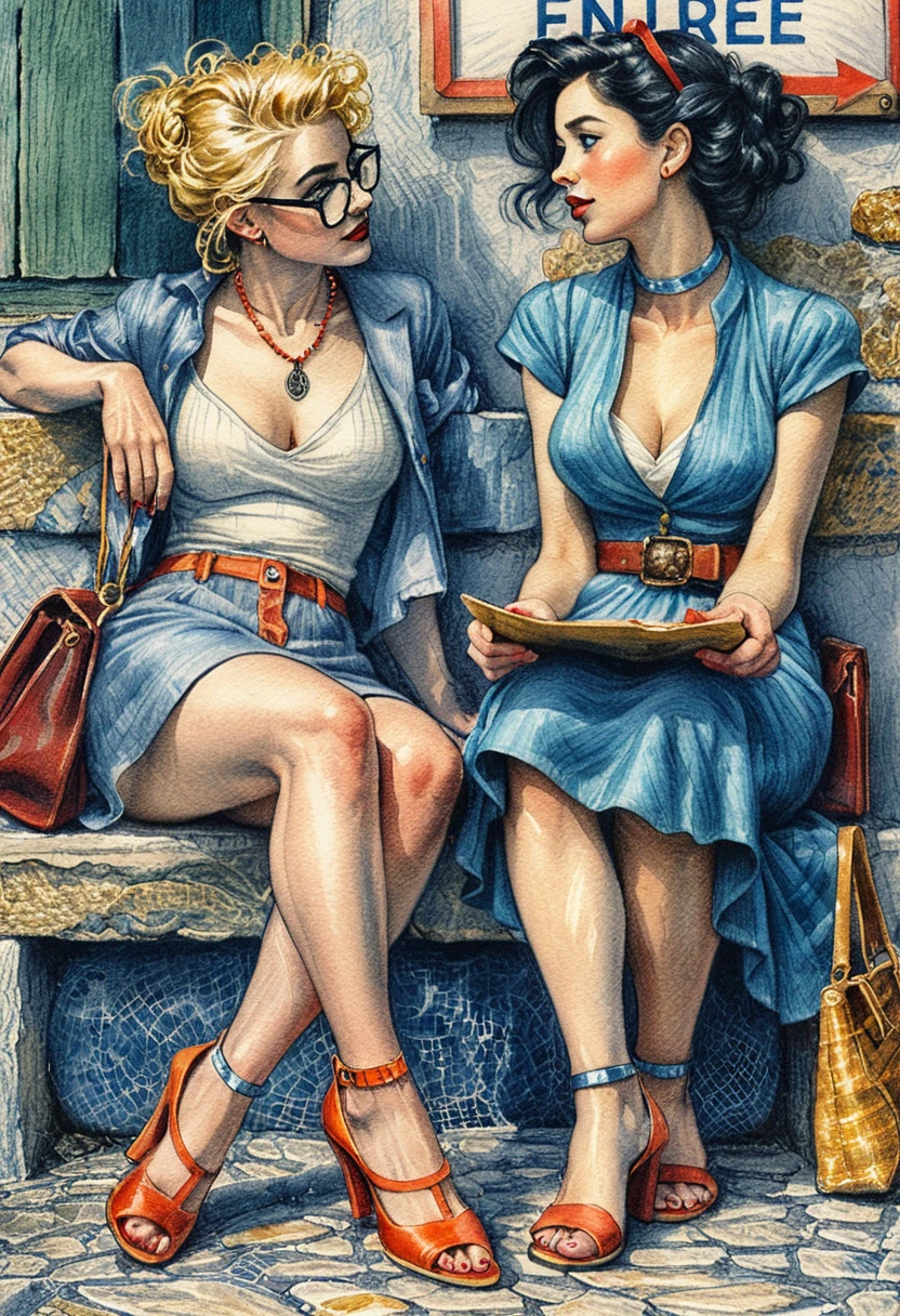 Two curvy women talking on stone steps in a street