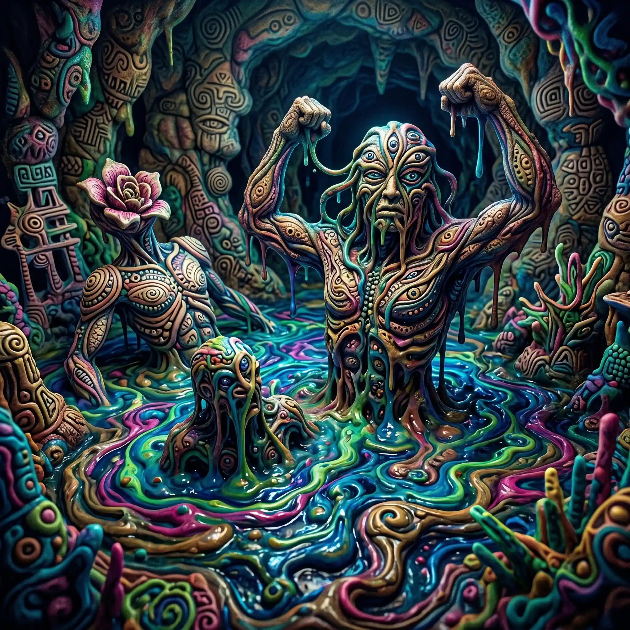 Surreal humanoid beings rising from primordial vibrant ooze