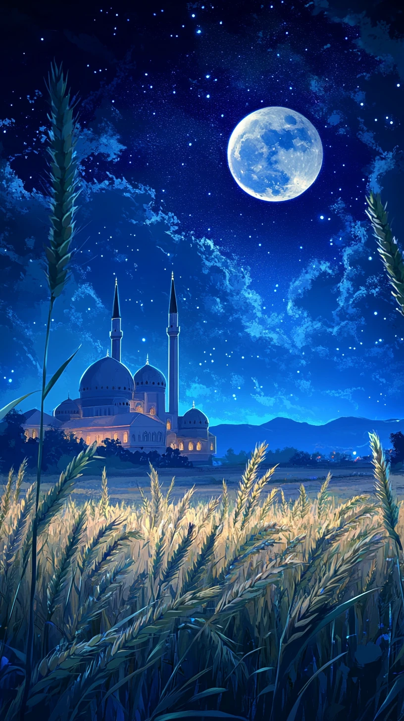 Moonlit mosque beyond a quiet wheat field at night