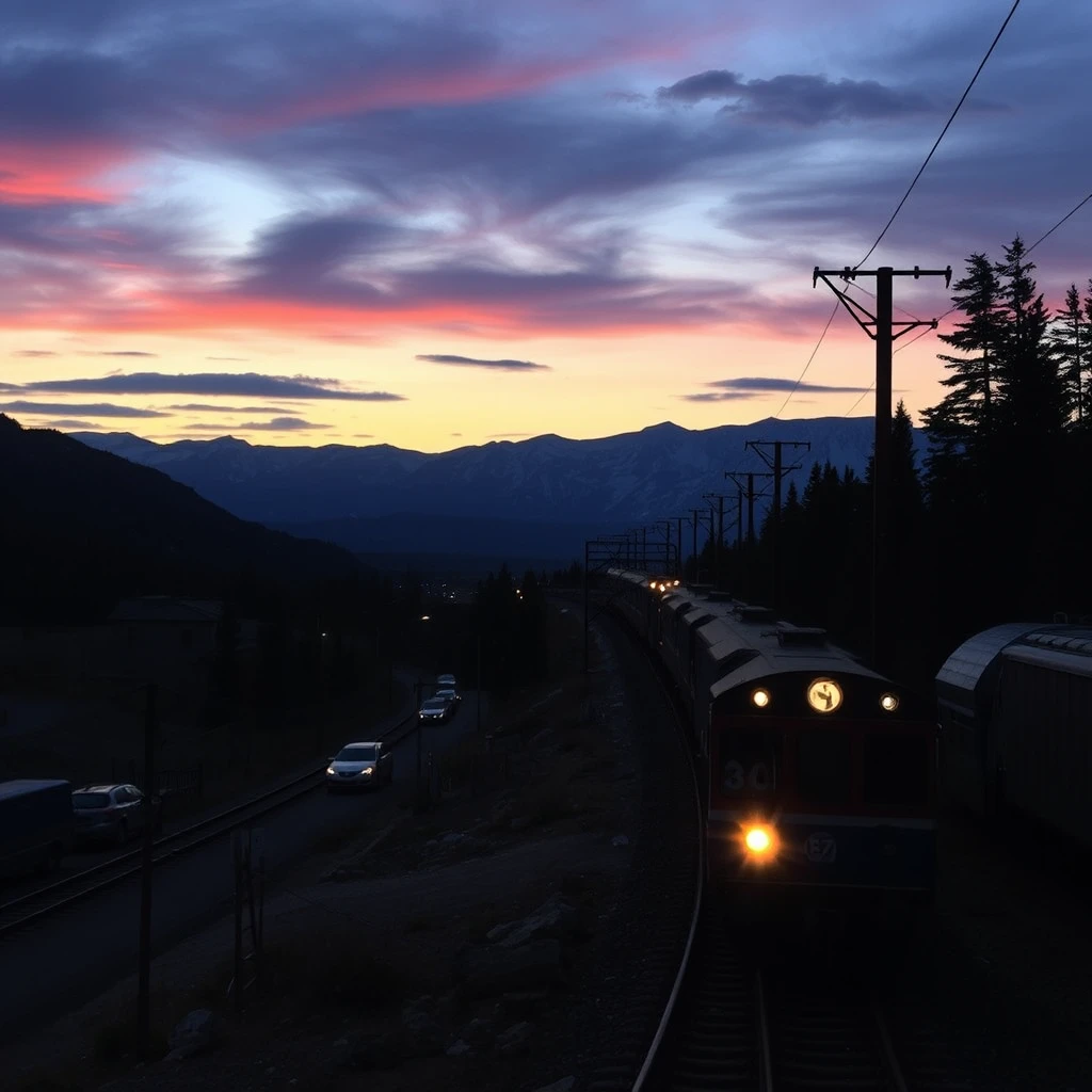 Old train tracks under a quiet night sky