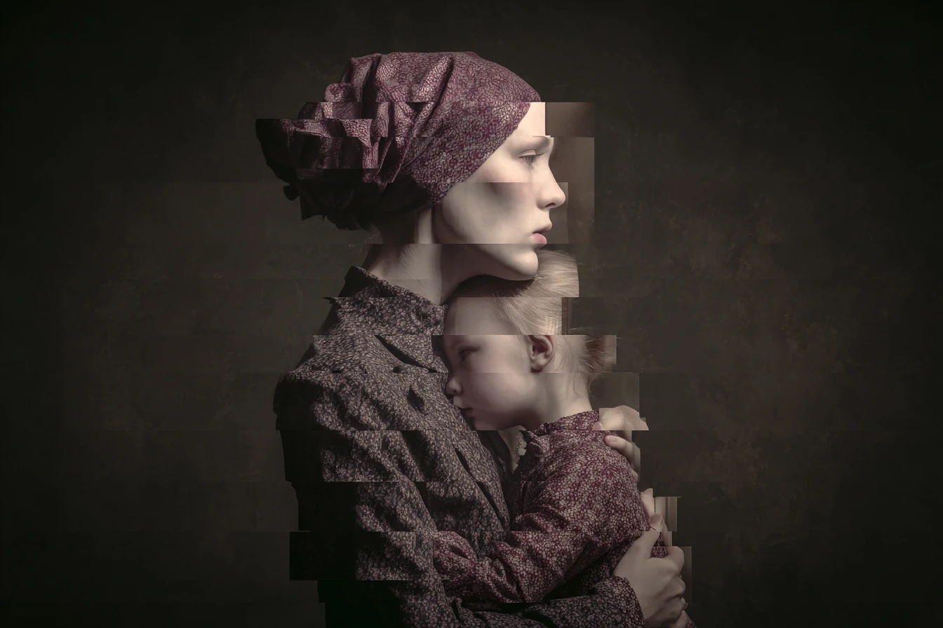 Surreal illusion of a mother and child in shifting forms