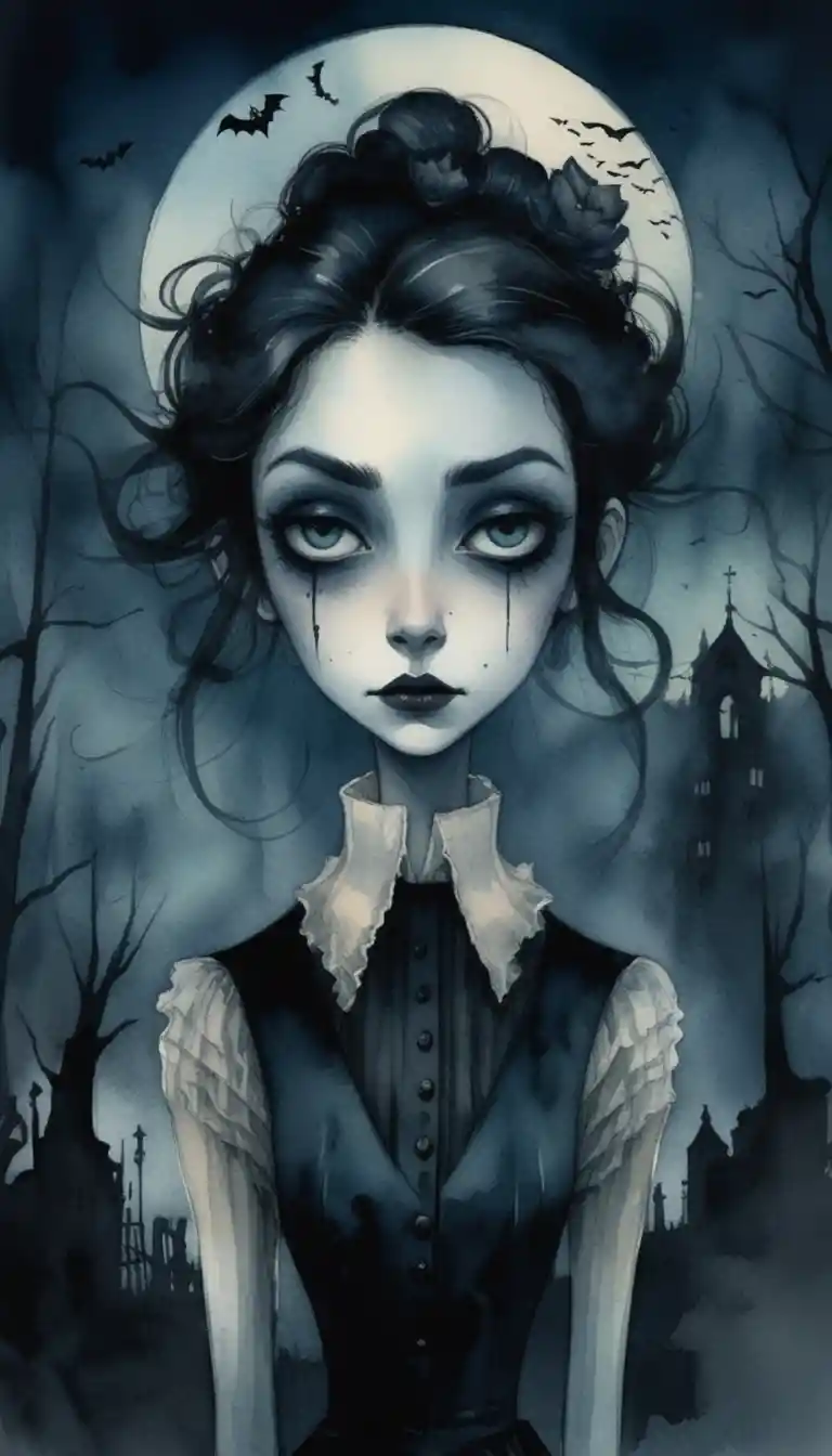 Gothic woman in moonlit graveyard with bats and fog