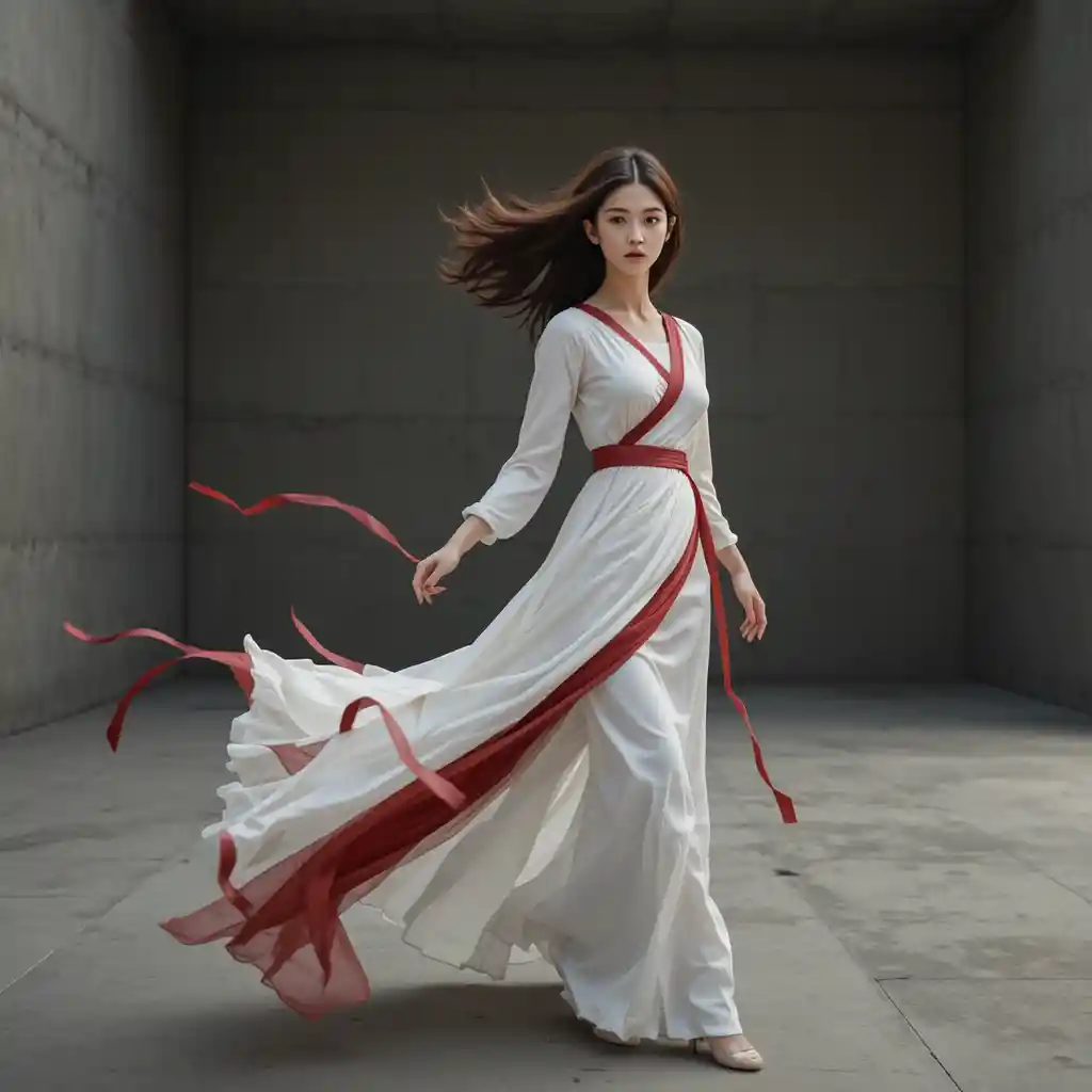 Korean fashion student in dynamic white wrap gown