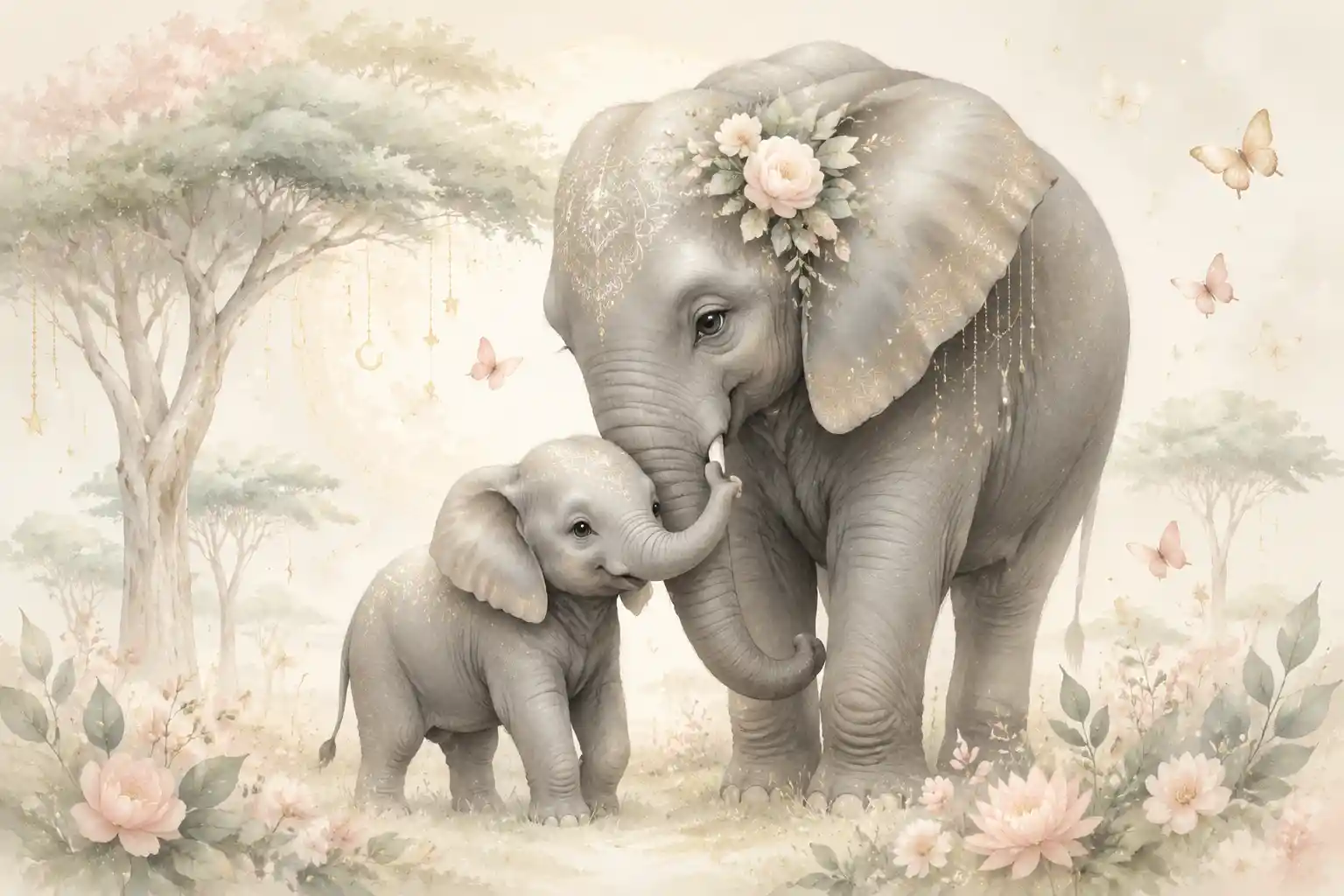 Baby Elephant Cuddling Close To Mother In Soft Nursery Art