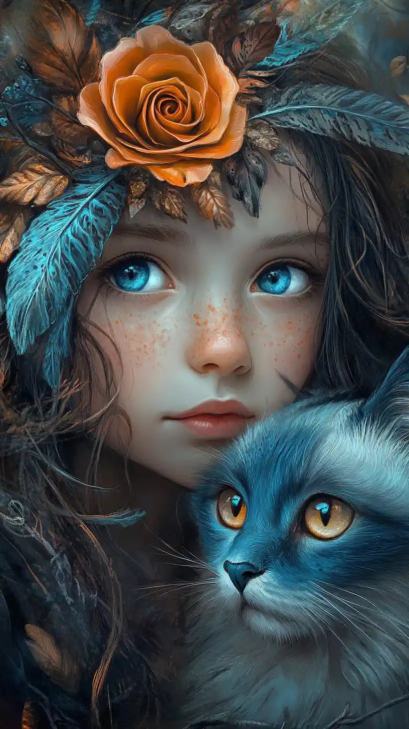 Whimsical girl and cat in a glowing fantasy forest