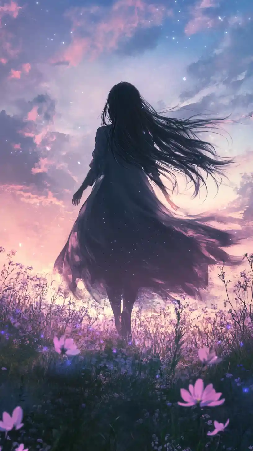 Young woman in flowing dress under a glowing celestial sky