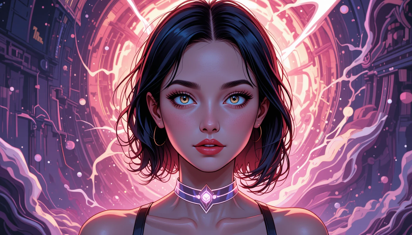 Teen girl concept art with pale gold flickering eyes