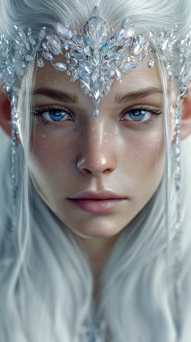Macro portrait of an elven queen with glowing sapphire eyes