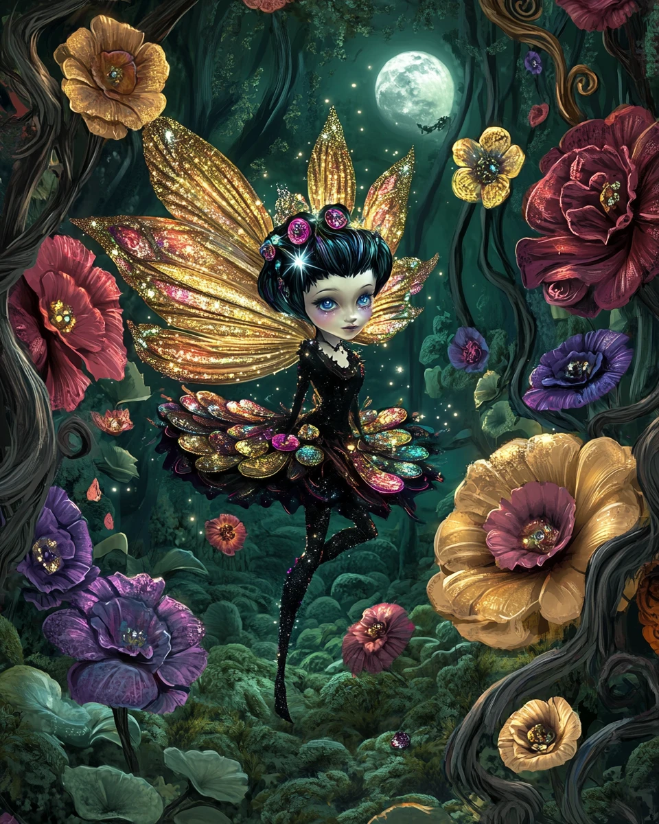 Enchanting sprite in a moonlit fantasy flower garden