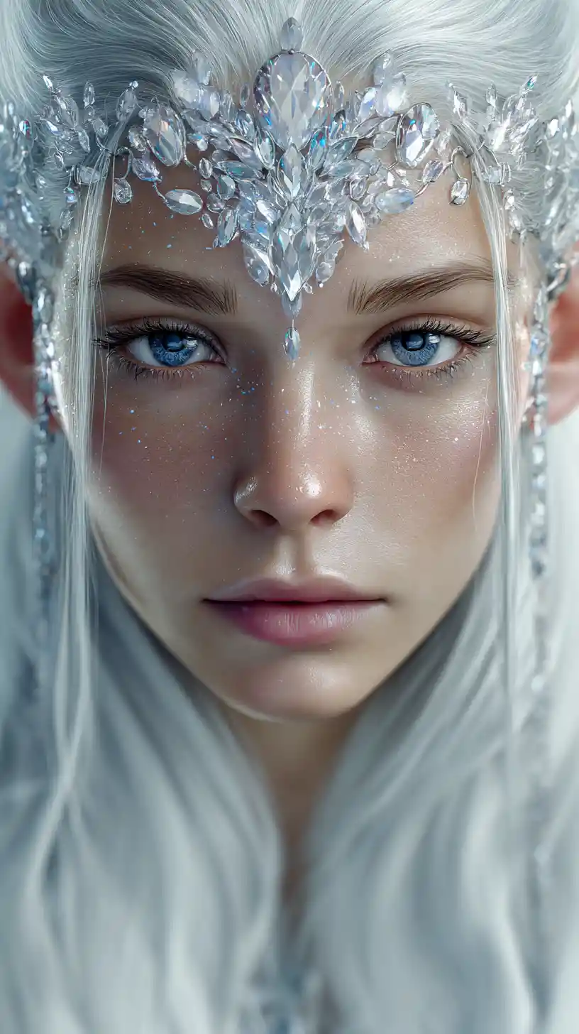 Macro portrait of an elven queen with glowing sapphire eyes