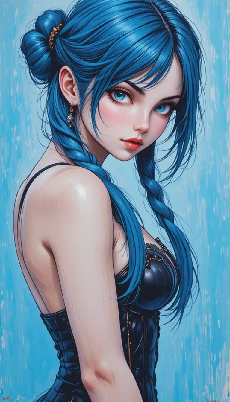 Anime girl in corset with braids and intense gaze