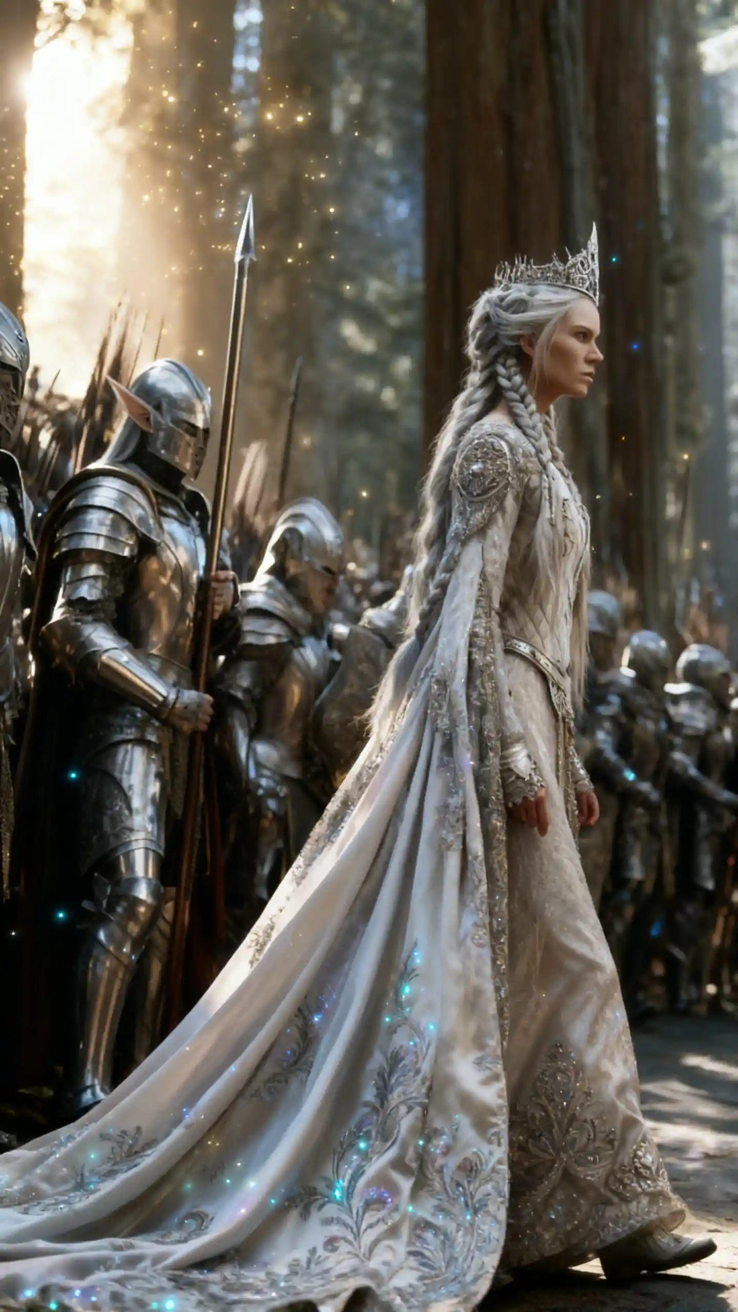 Elven queen leading armored warriors through sunlit forest