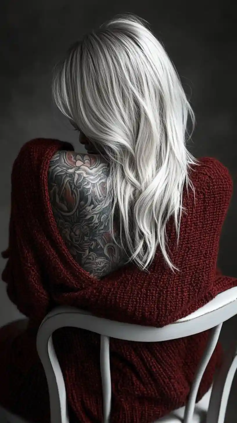 Tattooed woman leaning forward on a simple white chair