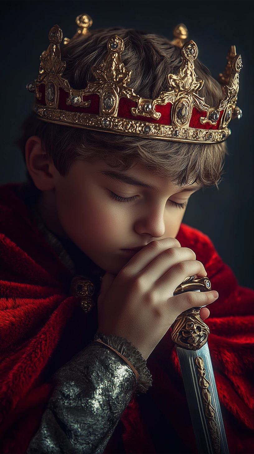 Young king in red crown leaning on sword portrait