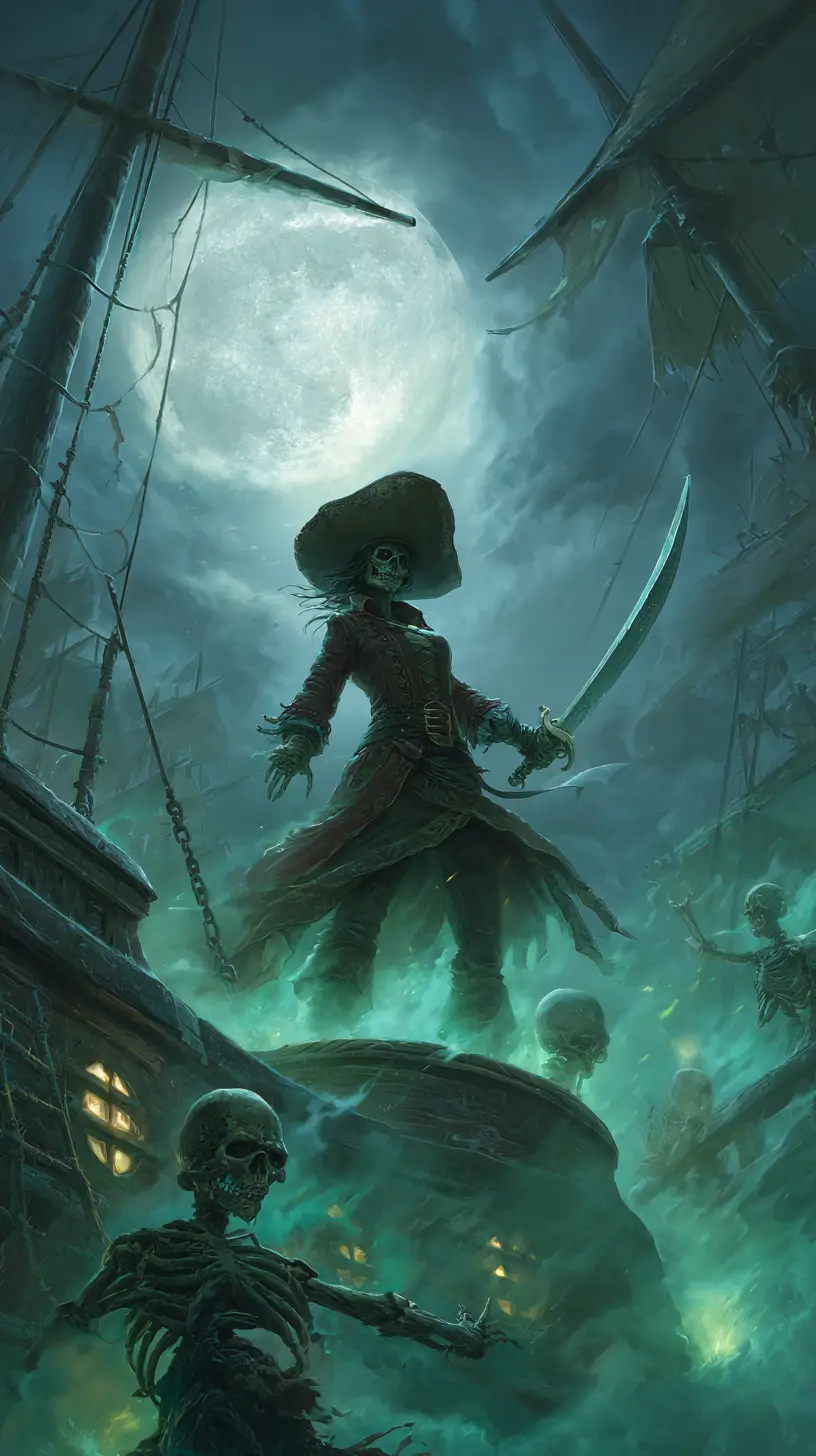 Undead pirate captain on a ghost ship under the moon