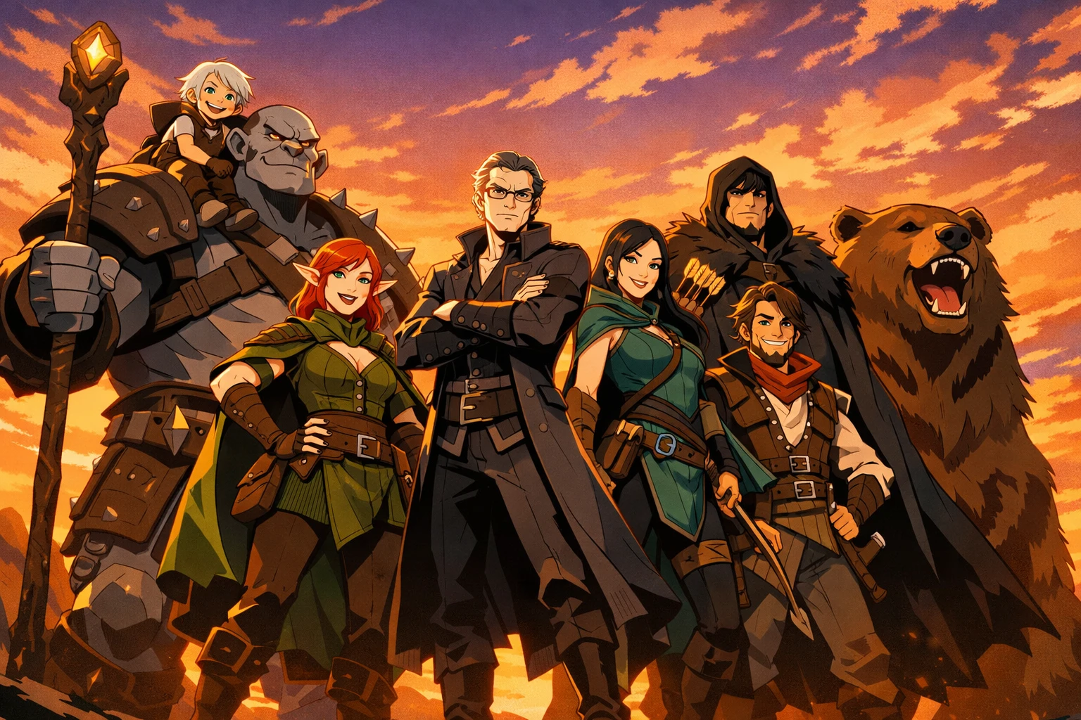 Grupo de fantasía heroica al atardecer en estilo cel shading
