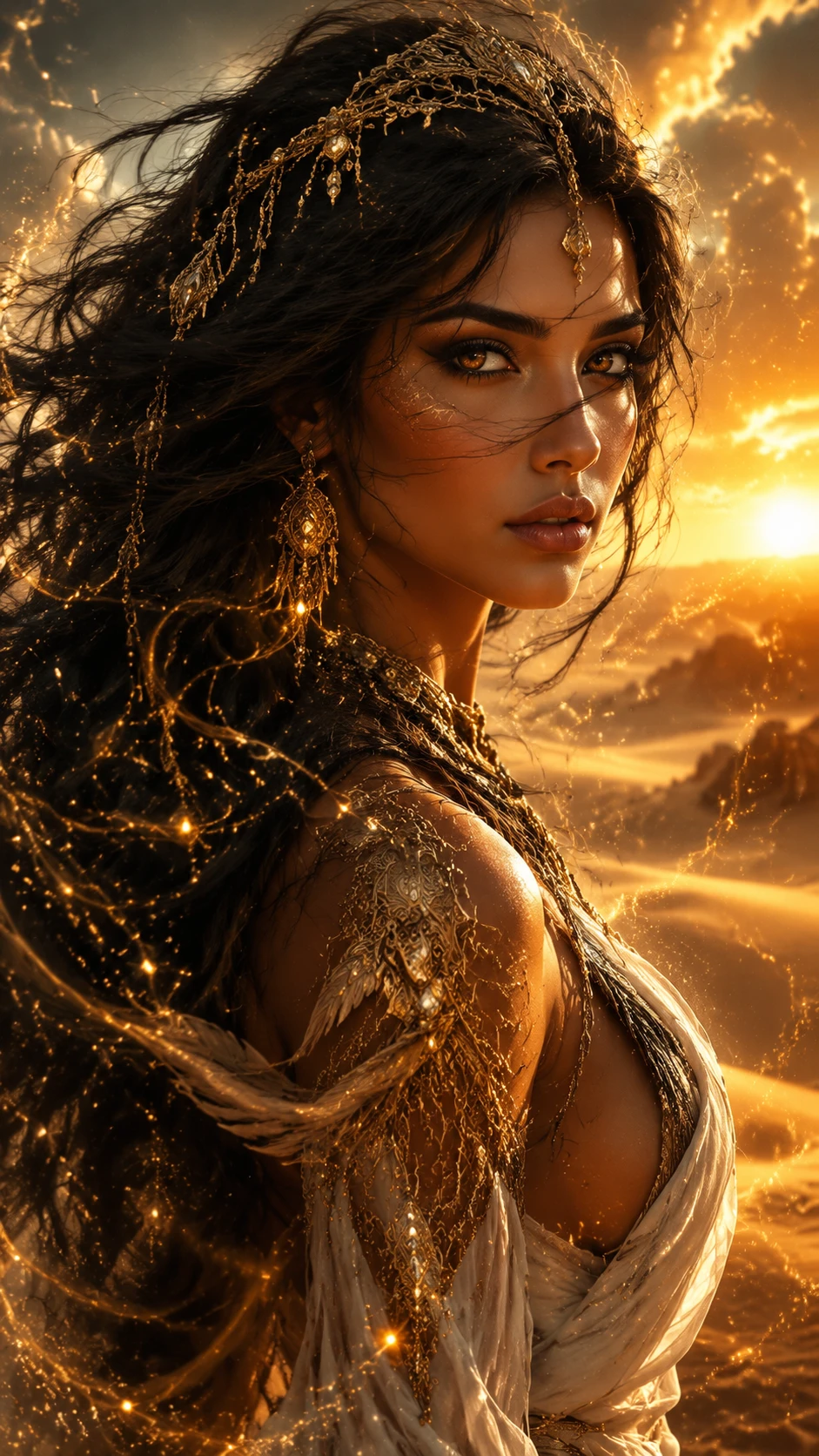Desert queen close up in glowing golden hour dunes