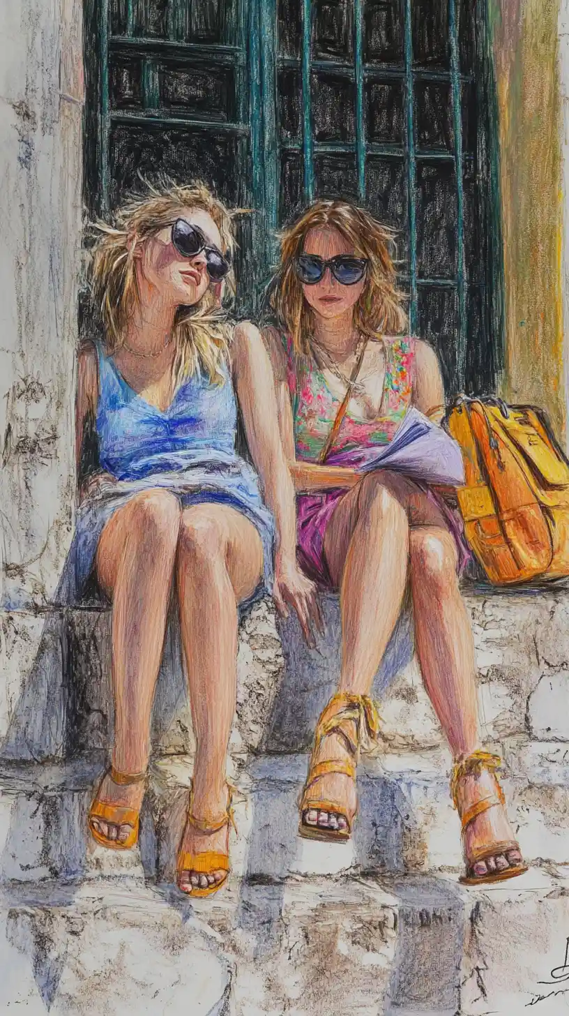 Two curvy women sitting on stone steps in conversation