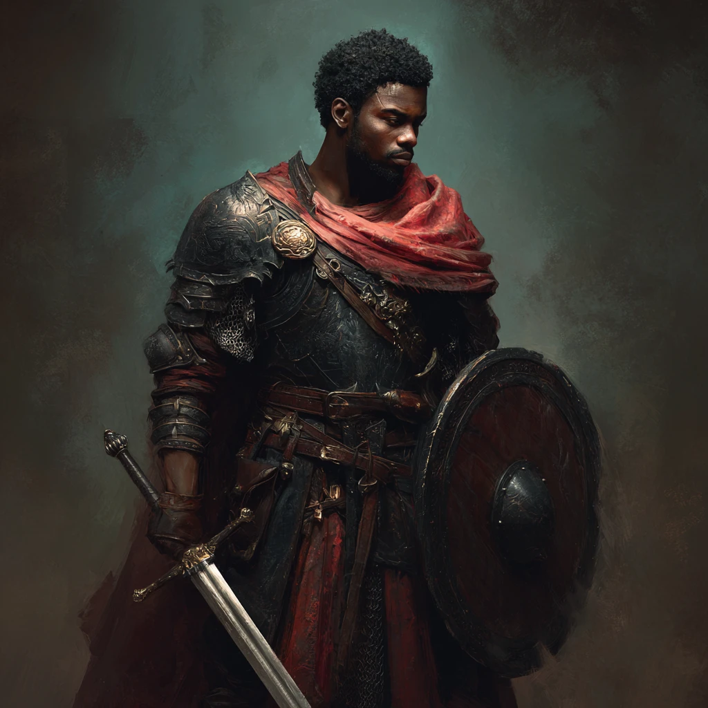 Dark skinned fantasy knight with sword and shield