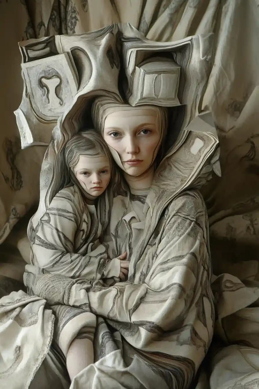 Surreal illusion of a mother and child in shifting forms