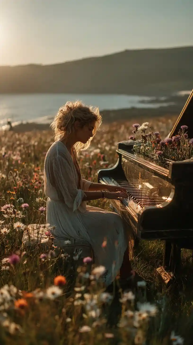 Woman in white dress playing piano in wildflower meadow