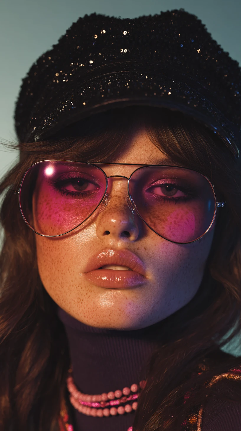 Freckled woman in aviator sunglasses with pink reflections