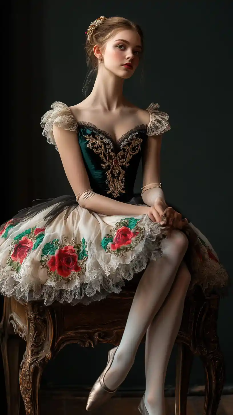 Melancholic ballerina in blue tutu on wooden stool