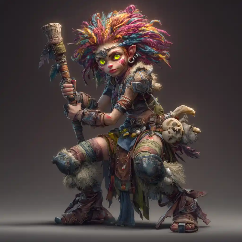 Chaotic gnome barbarian girl with glowing eyes and club