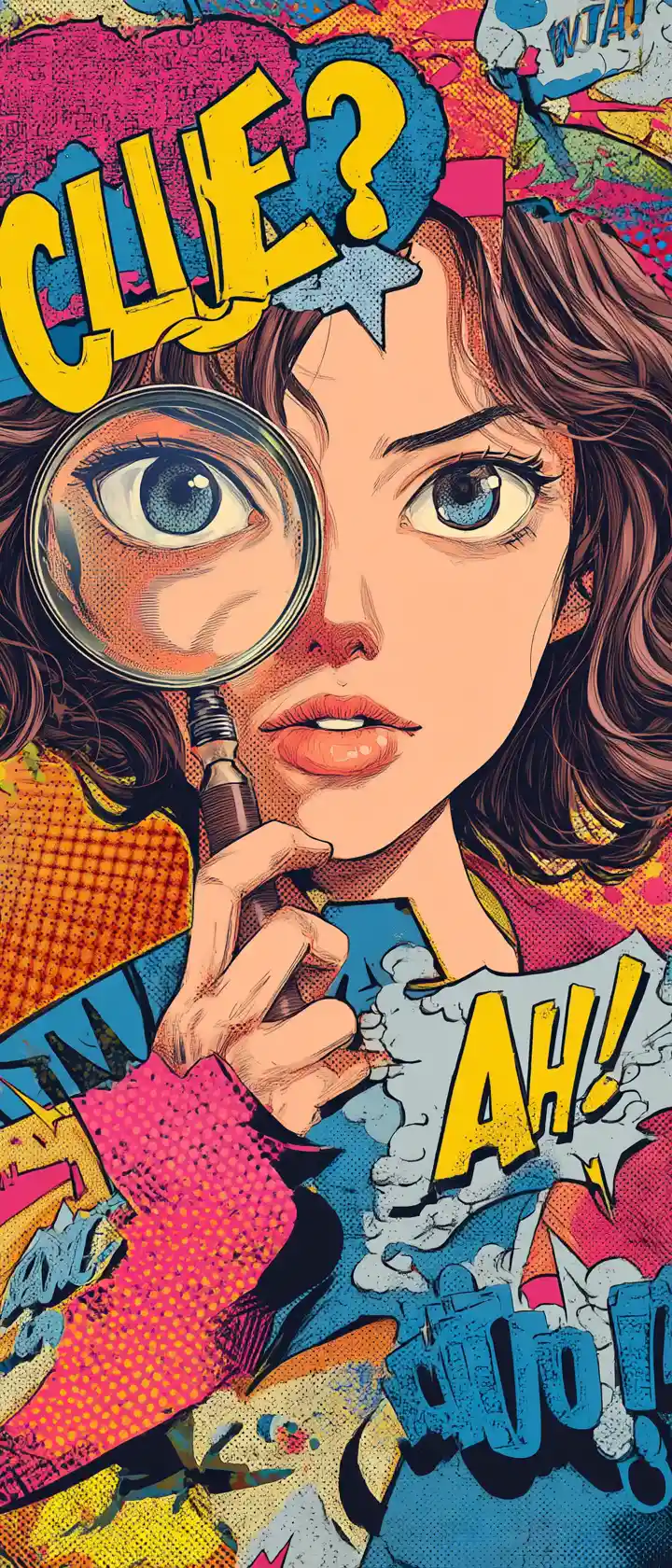 Anime detective lifts magnifying glass revealing comic clue panels
