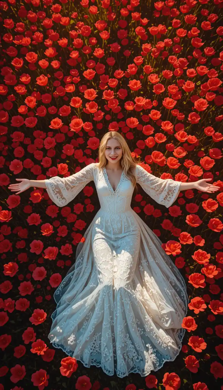 Woman in white dress lying in red tulip field
