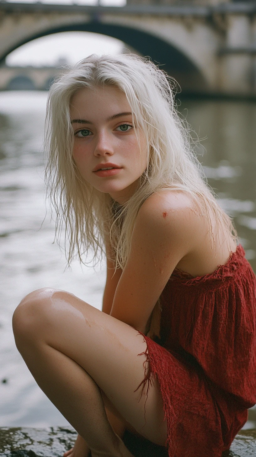 Melancholic young woman by the Seine in soft daylight
