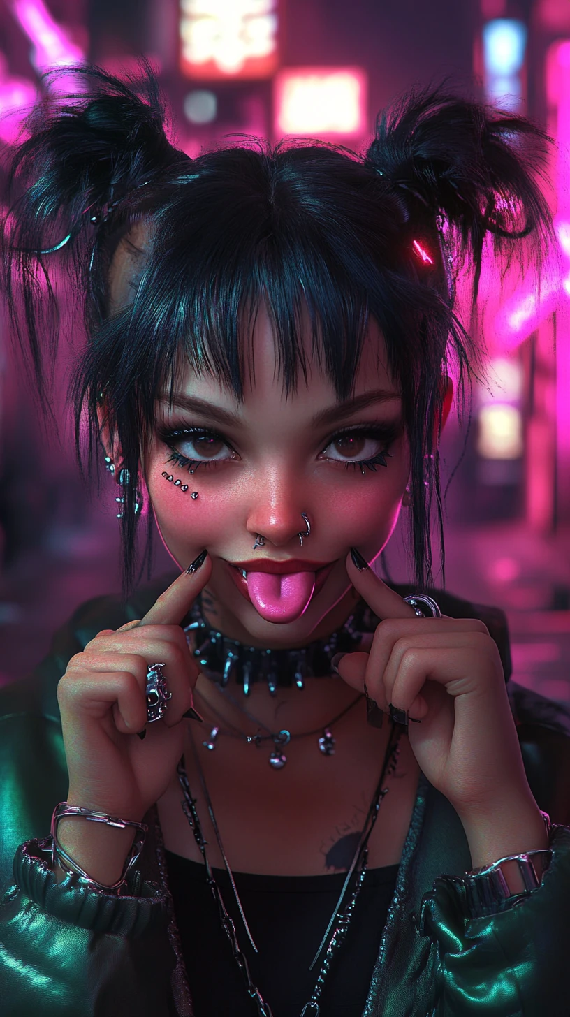 Punk goth woman posing in neon cyberpunk street