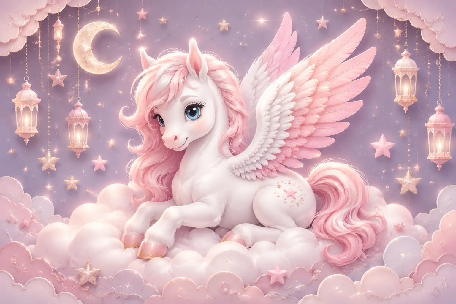 Baby pegasus on pastel clouds with glowing stars