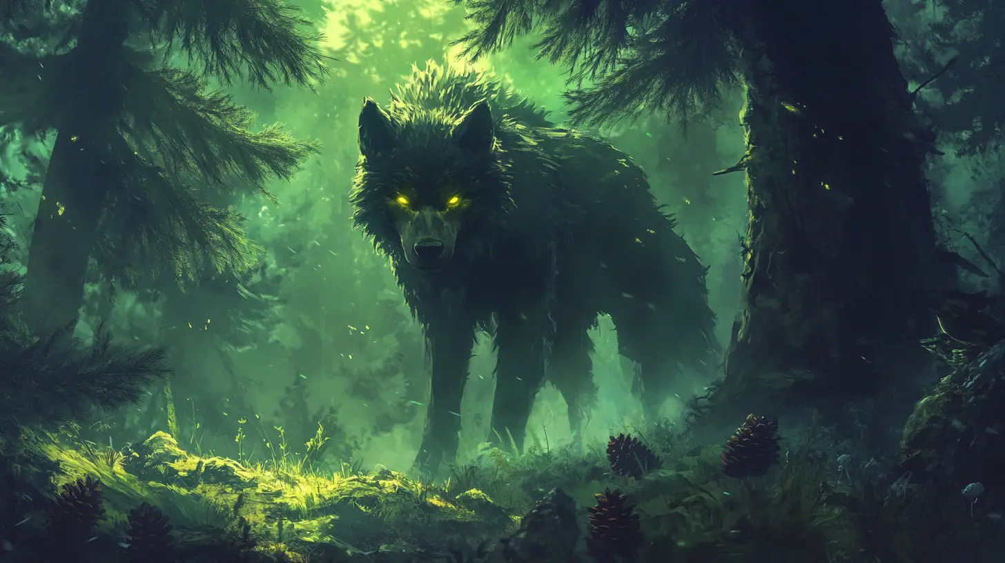 Mystical werewolf beneath a pine tree in dark forest