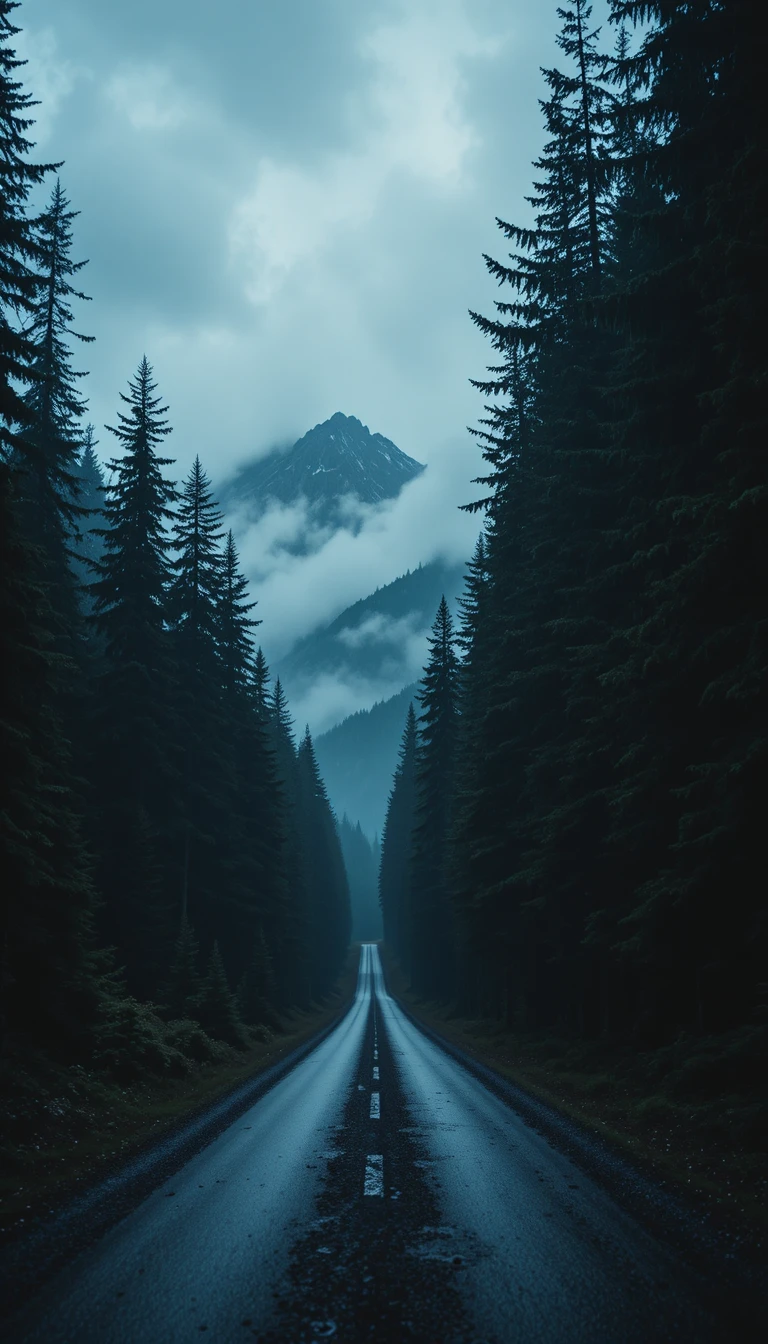 Dark forest road leading toward distant misty mountains