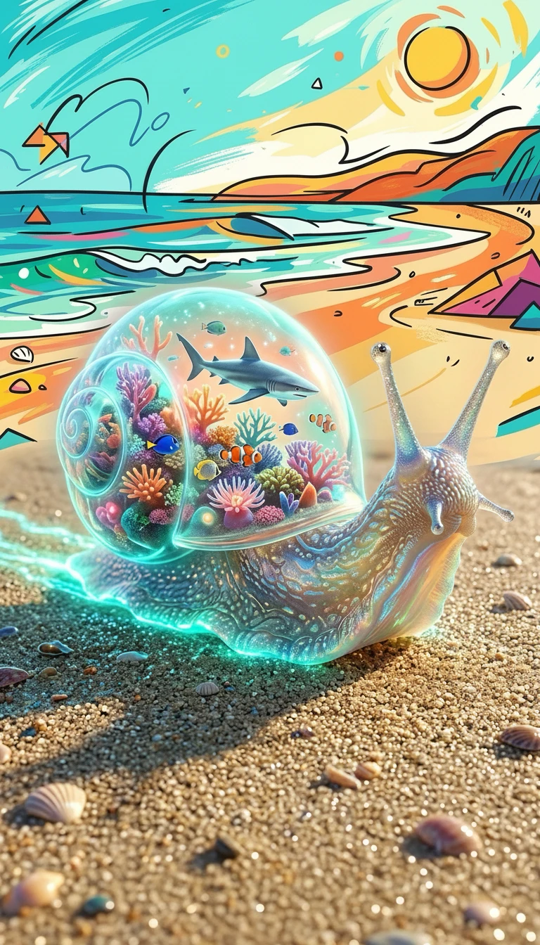 光るサンゴ礁の殻を持つ魔法の3Dカタツムリ