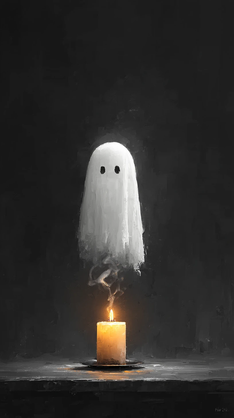 Lindo fantasma flotando sobre una vela con humo ondulante