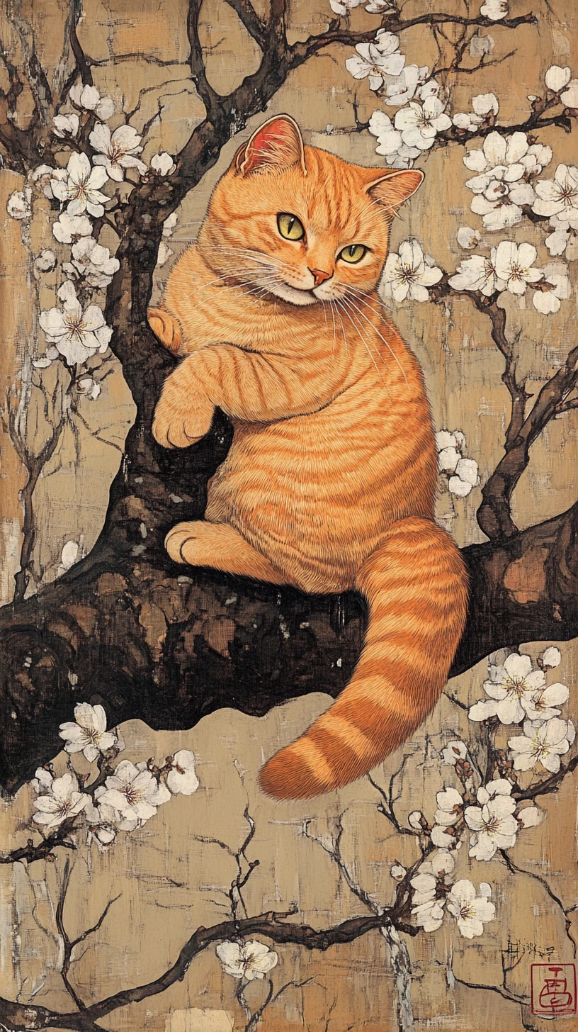 Gato anaranjado de caricatura saltando con una caballa