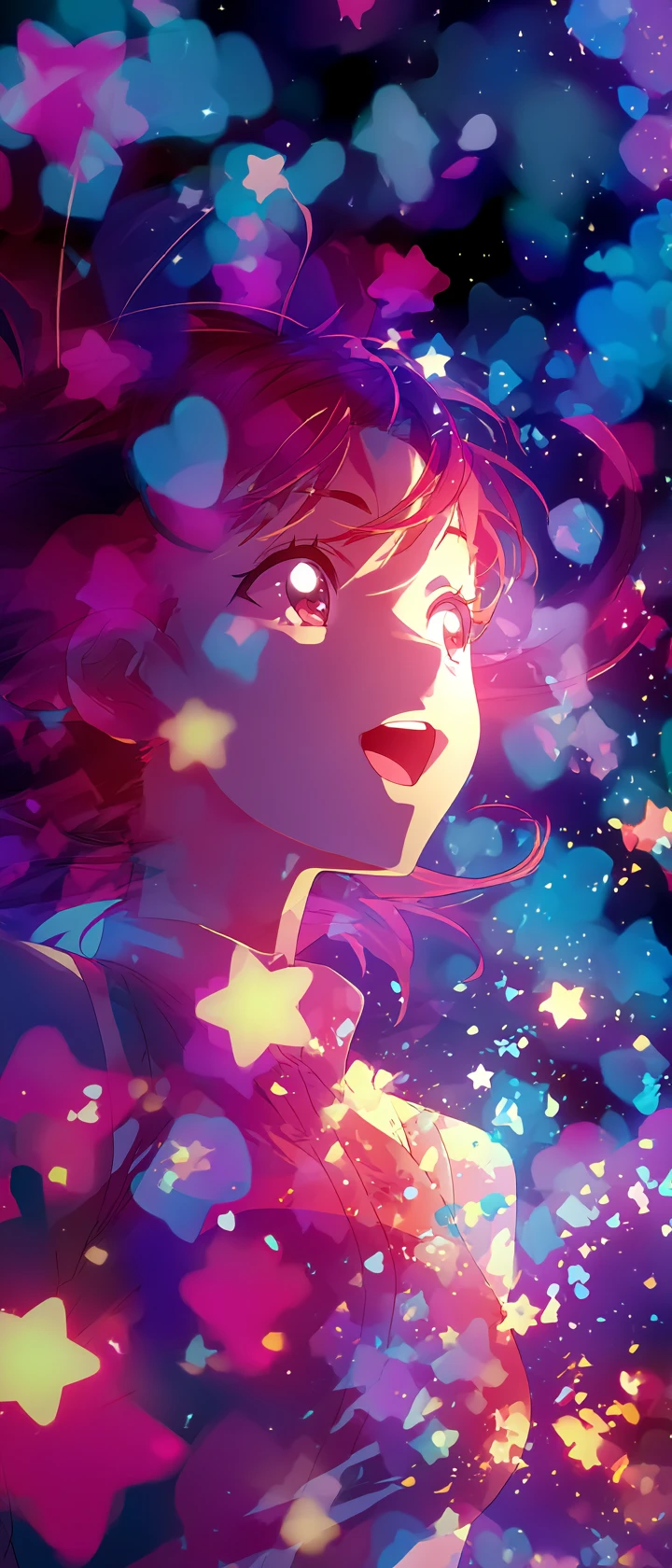 Anime idol winking on stage under a radiant starry sky