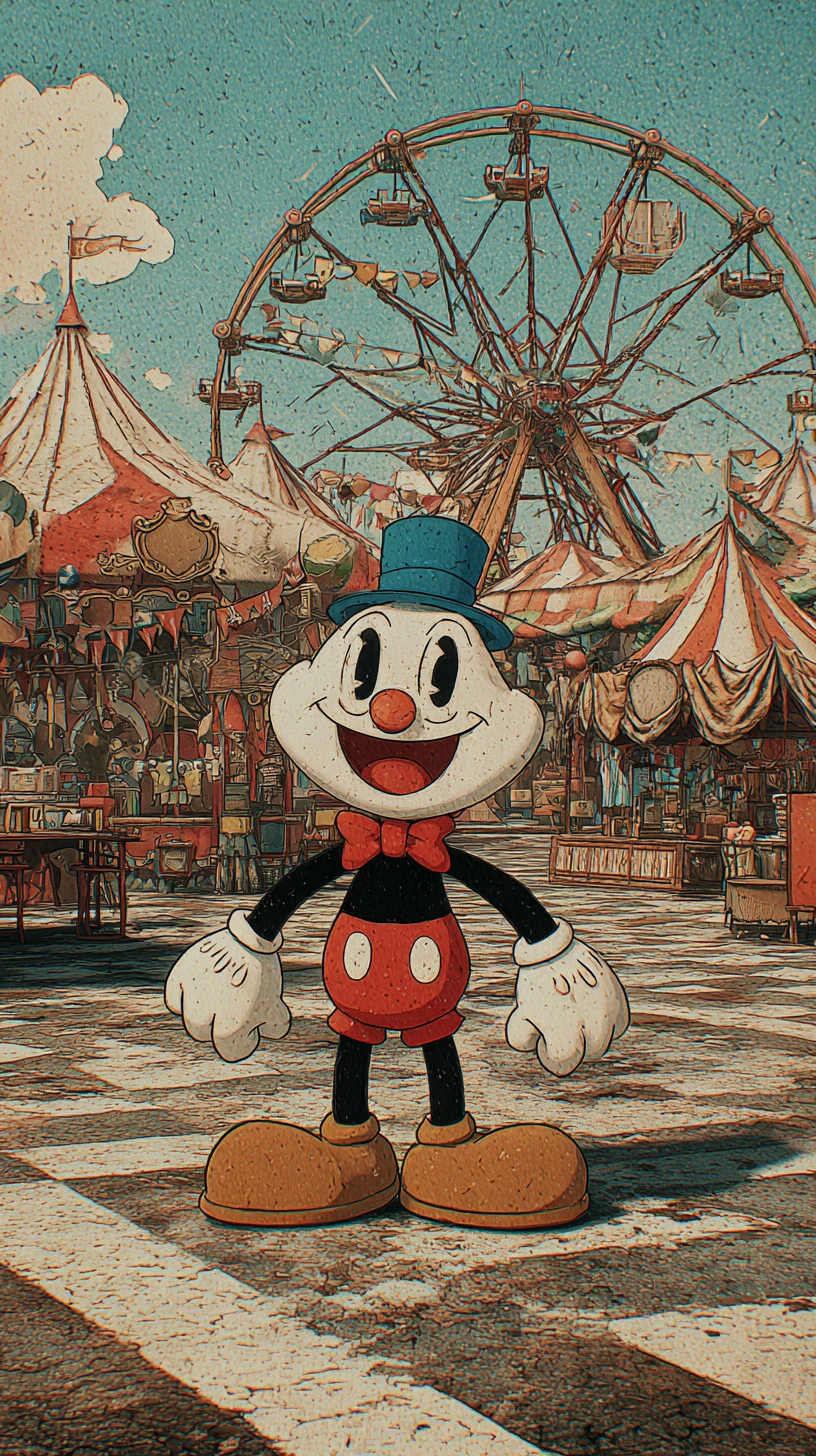 Personaje de dibujos animados en una alegre escena de carnaval vintage